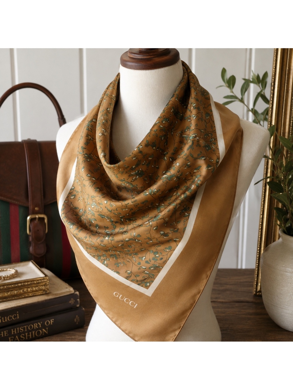 Vintage Gucci Scarf 26x26 Made In Italy Brown Teal Floral Designer Scarf
